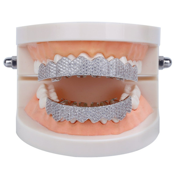 Custom Fit AAA Micro Pave 14k Gold 925 Silver Hip Hop Teeth Grillz Set Top & Bottom Teeth Grills 