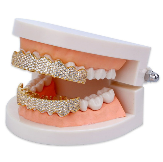 Custom Fit AAA Micro Pave 14k Gold 925 Silver Hip Hop Teeth Grillz Set Top & Bottom Teeth Grills 