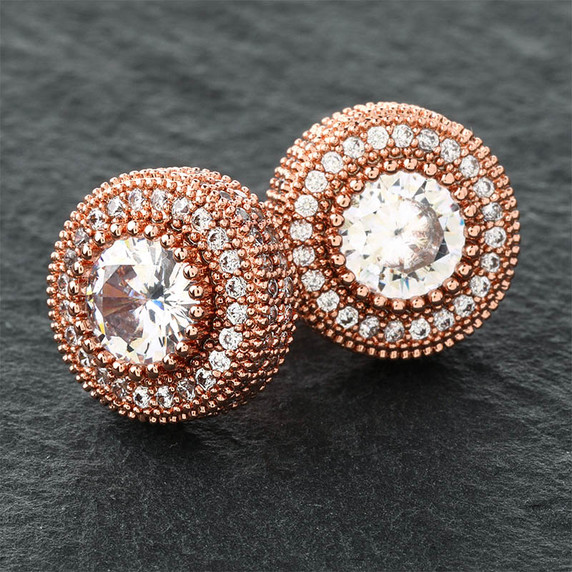 Hip Hop AAA Micro Pave Flooded Ice Bling Stud 14k Gold Silver Rose Gold Earrings 