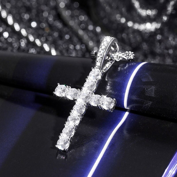 AAA Micro .925 Solid Sterling Silver Ultra Ice Bling Cross Pendant Chain Necklace