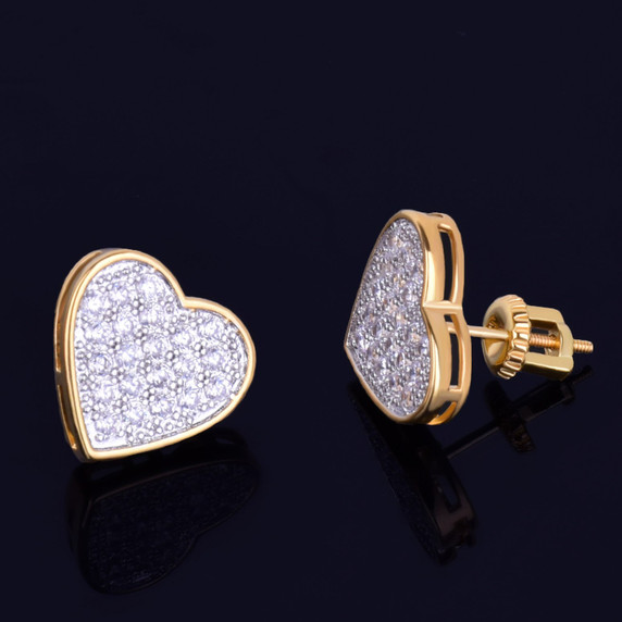 14MM Heart-Shaped 14k Gold Silver Stud AAA Micro Pave Bling Stone Screw Back Earrings 