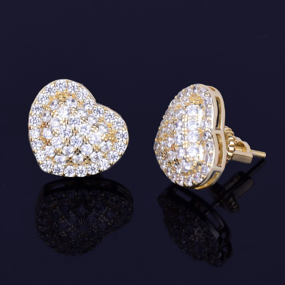 14MM Heart-Shaped AAA Micro Pave Stud 14k Gold Silver Simulate Diamond Bling Earrings