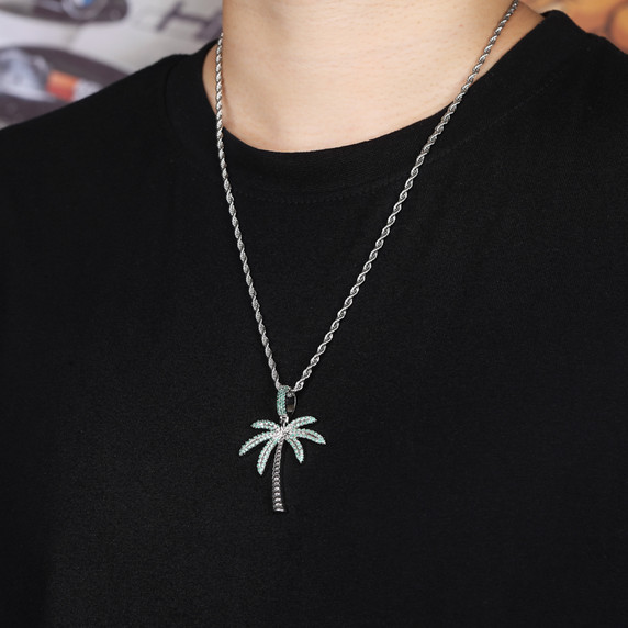 Flooded Ice AAA Micro Pave Coconut Palm Tree Hip Hop Pendant Chain Necklace