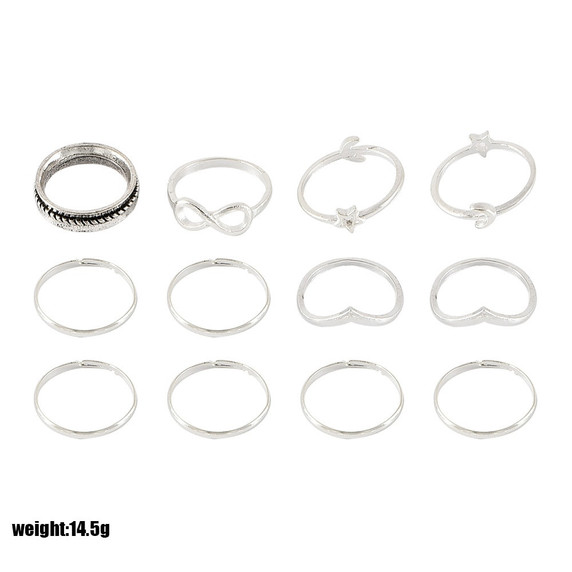 Ladies 13 Piece V Star Moon 8 Word Silver Joint Ring Set