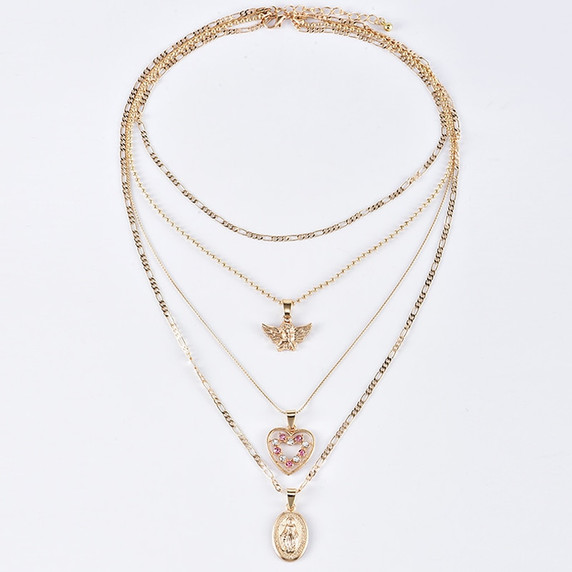 Ladies Angel Wings Peach Heart Virgin Mary Pendant Chain Necklace Jewelry Set