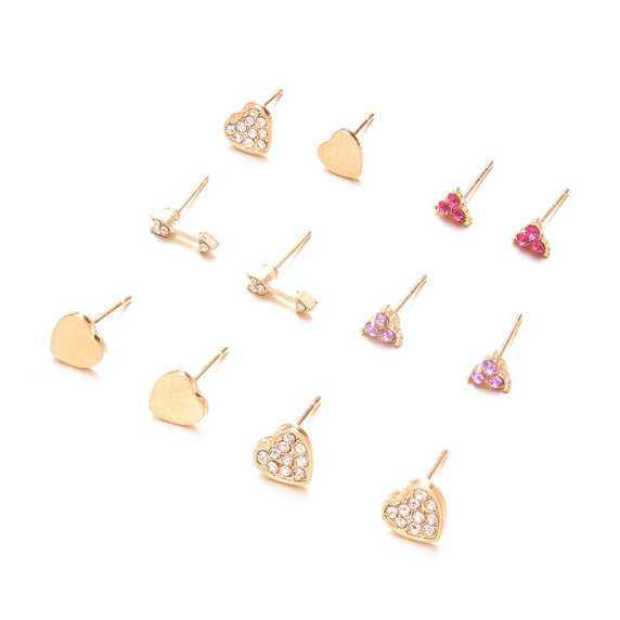 Ladies 12 Pcs Personality Girl Fashion Gold Heart Crystal Arrow Earrings Set 