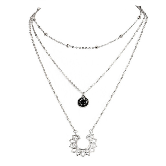 Ladies Black Crystal Semicircular Lotus Multilayer Silver Necklace Jewelry Set