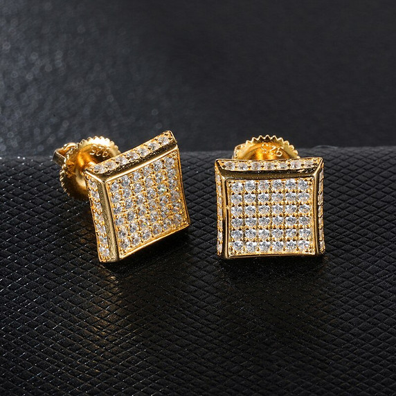 14k Gold 925 Silver Hip Hop Full AAA Micro Paved Squared Corner Bling Earrings