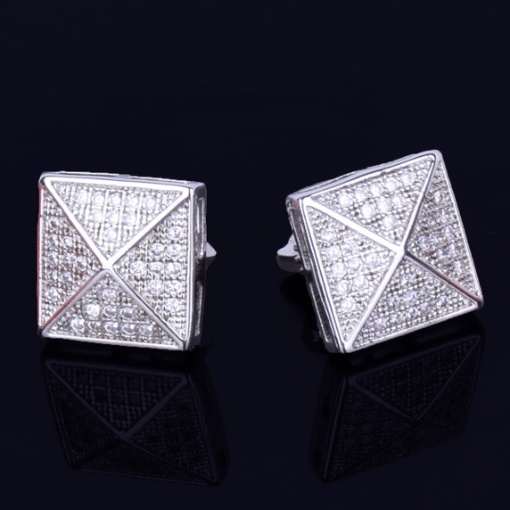 11MM Pyramid Peak Square Gold Silver True Micro Pave Stud Hip Hop Earrings