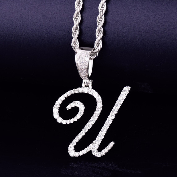 .925 Silver Cursive Letters Flooded Ice Chain Necklace