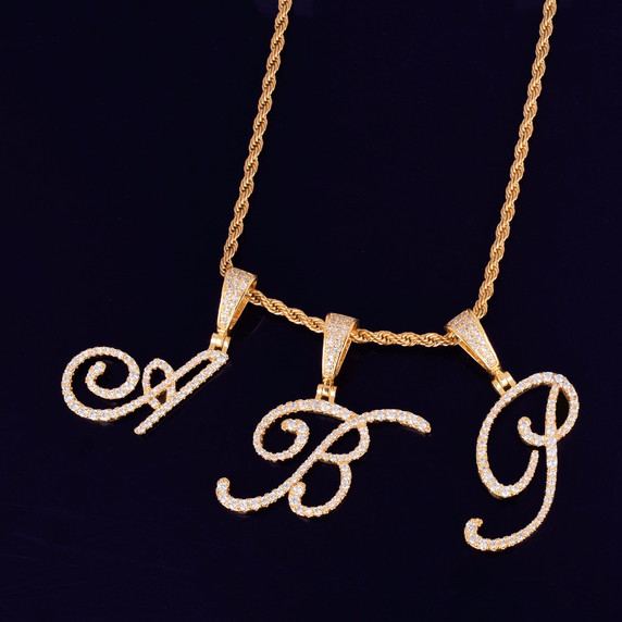 18k Gold Silver Rose Gold Cursive Letters Flooded Ice True Micro Pave Hip Hop Pendants