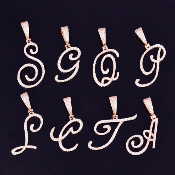 18k Gold Silver Rose Gold Cursive Letters Flooded Ice True Micro Pave Hip Hop Pendants