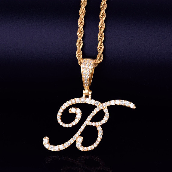 18k Gold Silver Rose Gold Cursive Letters Flooded Ice True Micro Pave Hip Hop Pendants