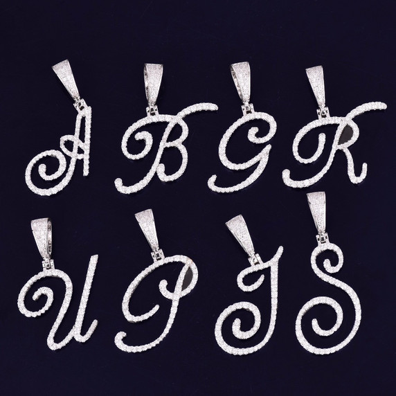 18k Gold Silver Rose Gold Cursive Letters Flooded Ice True Micro Pave Hip Hop Pendants