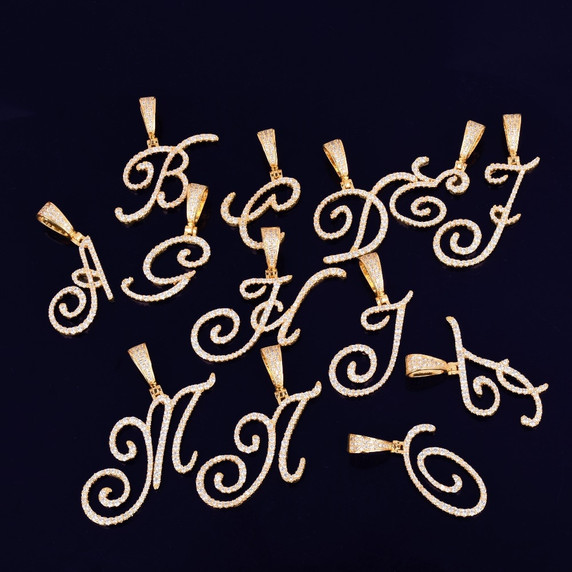 18k Gold Silver Rose Gold Cursive Letters Flooded Ice True Micro Pave Hip Hop Pendants