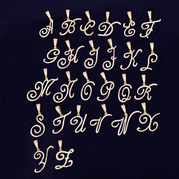 18k Gold Silver Rose Gold Cursive Letters Flooded Ice True Micro Pave Hip Hop Pendants