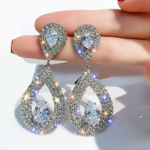 Ladies Shiny Silver Gold Crystal Tear Drop Fashion Earrings