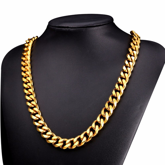 Real 18k Gold Over Anit Tarnish Stainless Steel classic Cuban Link Chain Necklace