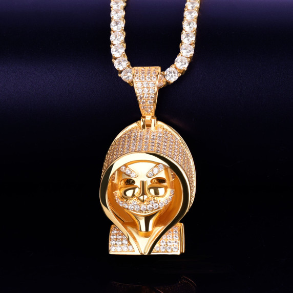 Flooded Ice True Micro Pave 18k Gold Silver Steampunk Hoody Skull Pendant Chain Necklace