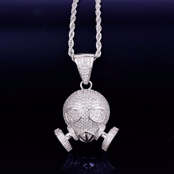 Flooded Ice True Micro Pave Hip Hop Skull Gas Mask 18k Gold .925 Silver Pendant Chain Necklace