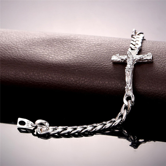 14k Rose Gold Black Platinum INRI Crucifix Jesus Piece Cuban Link Cross Bracelet