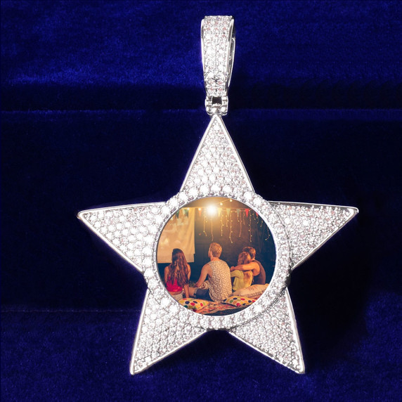 Superstar Pentagram 18k Rose Gold .925 Silver AAA Micro Pave Custom Photo Pendant Chain Necklace
