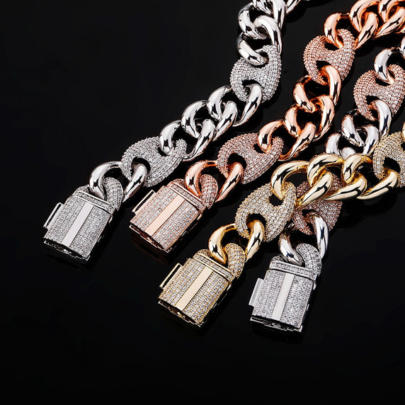 AAA Micro Pave Rose Gold 925 Silver 14k 16mm Buckle Clasp Cuban Link Hip Hop Chain Necklace 