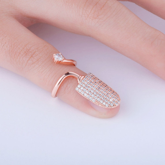 14k Gold .925 Silver Rose Gold Hip Hop Fashion Finger Nail Flooded Ice Adjustable Ring