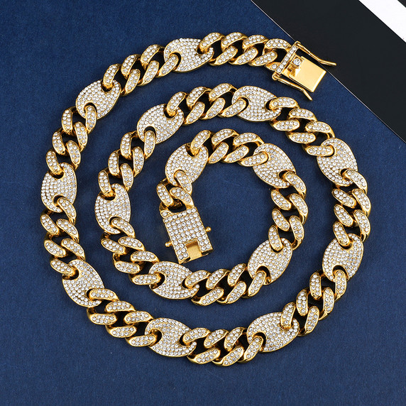 Fully Iced 12mm Flat Cuban Link Chain Necklace Bracelet 18k Gold .925 Silver Jewelry Set