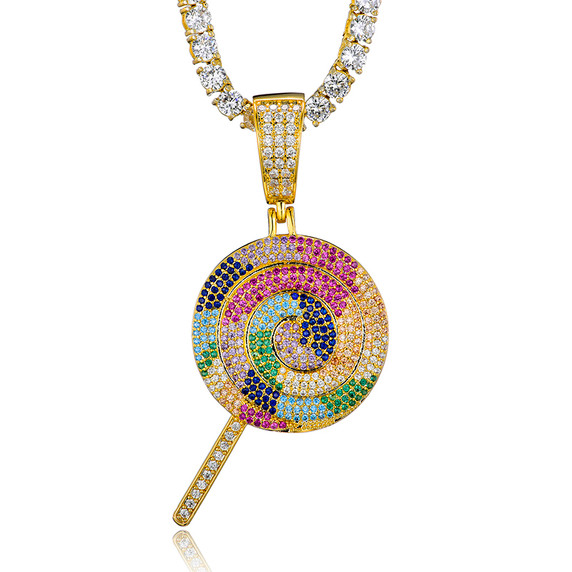 Candy Ice Lollipop Lick 18k Gold .925 Silver Hip Hop Pendant Chain Necklace