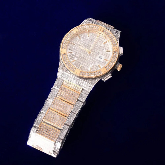 Doube Bezel Flooded Ice 18k Gold .925 Silver Handset AAA Stone Hip Hop Wrist Watch