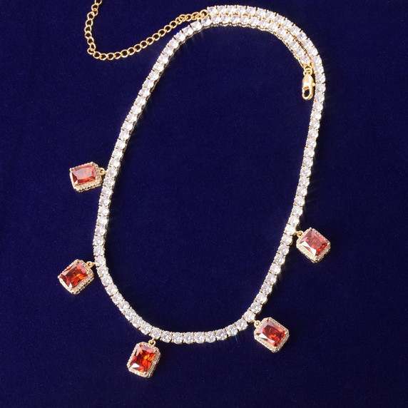 18k Gold .925 Silver Ruby Red Gemstone Adjustable Tennis Chain Flooded Ice Chain Necklace 