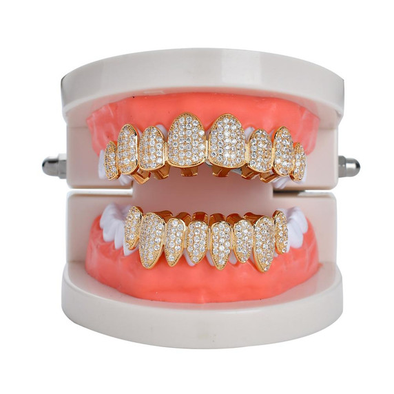 Hip Hop Flooded Ice Drip Style Top Bottom AAA Cluster 8 Tooth Teeth Full Iced Grillz