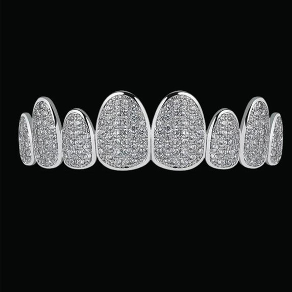 Hip Hop Flooded Ice Drip Style Top Bottom AAA Cluster 8 Tooth Teeth Full Iced Grillz