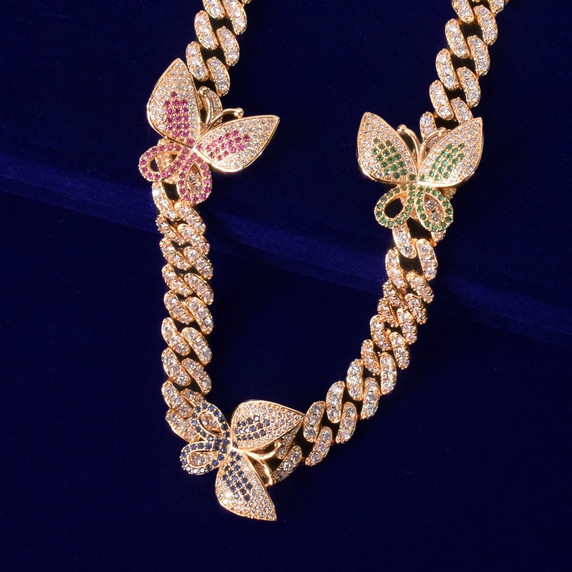 Sexy Ladies Multi Color 18k Gold .925 Silver Cuban Link Butterfly AAA Micro Pave Chain Necklace 