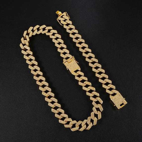 Square Cut 18k Gold .925 Silver Designer Cuban Link Chain Bracelet Set