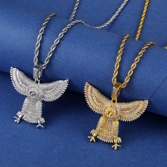 18k Gold .925 Silver Soaring Hunting Spread Wings Eagle Bling Pendant Chain Necklace