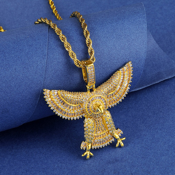 18k Gold .925 Silver Soaring Hunting Spread Wings Eagle Bling Pendant Chain Necklace