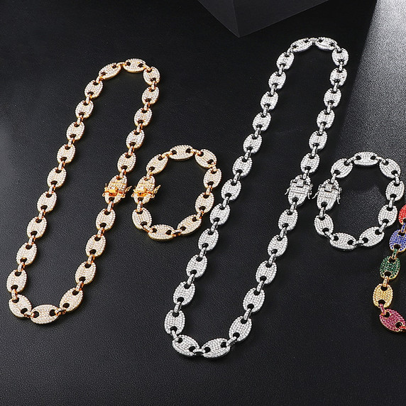 Flooded Ice Cluster Stone G-Link Coffee Bean Hip Hop Chain Necklace Set 