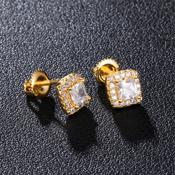 925 Silver 18k Gold 7mm Centerstone Cluster Flooded Ice Hip Hop Screw Back Earrings