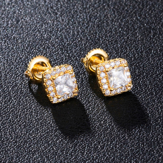 925 Silver 18k Gold Centerstone Cluster Flooded Ice Hip Hop Screw Back Earrings