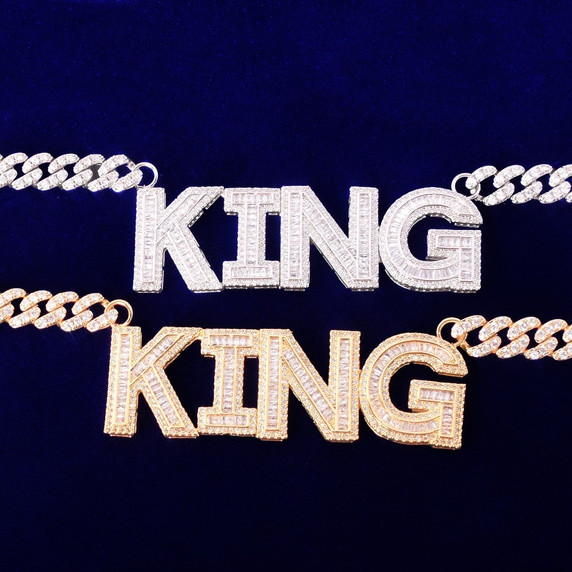 24k Gold Custom Name Baguette Flooded Ice Hip Hop Pendant Chain Necklace