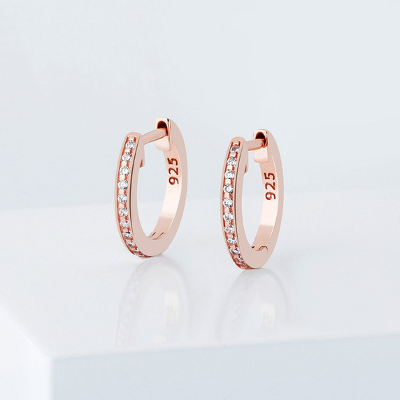 .925 Solid Sterling Silver Rose Gold 14k AAA Micro Pave Stone Hoop Earrings