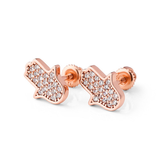 925 Solid Sterling Silver Rose Gold Hamsa Hand AAA Prong Set Stone Bling Earrings