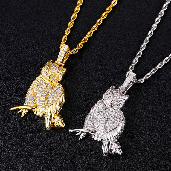 18k Gold White Gold Perched Owl AAA Micro Pave Hip Hop Pendant Chain Necklace