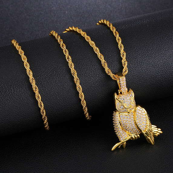 18k Gold White Gold Perched Owl AAA Micro Pave Hip Hop Pendant Chain Necklace