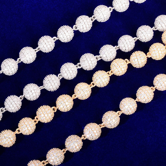 24k Gold .925 Silver 10mm Flooded Ice AAA Micro Pave Ball Round Bead Hip Hop Chain