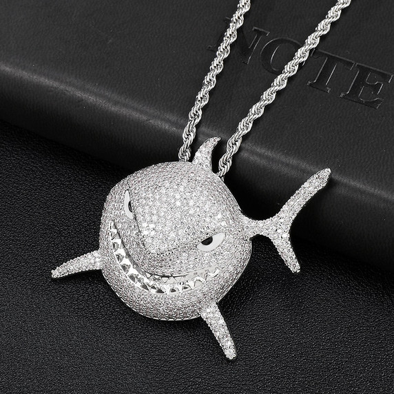 18k Gold .925 Silver 3D AAA Micro Pave Shark Head Pendant Chain Necklace