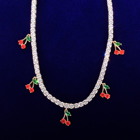 Rose Gold 18k Gold 925 Silver Sweet Cherries Tennis Chain Necklace 