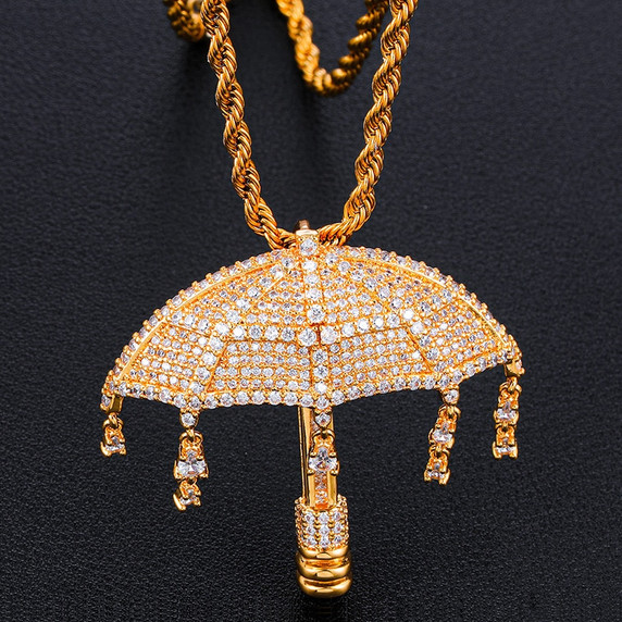 White Gold 18k Bling Its Raining Money Umbrella Hip Hop Pendant 